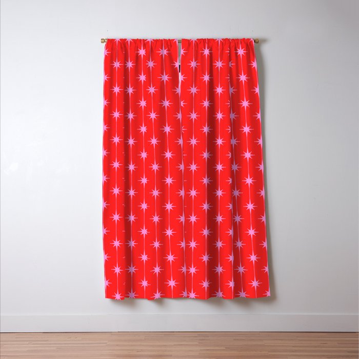 Midcentury Stars and Dots Pattern in Preppy Pink and Red Window Curtain Gallery Image 3
