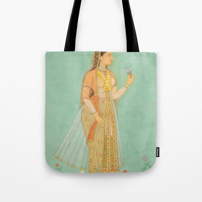 Artist Mughal Title Beauty Holding a Flower Place India Indian Miniature Painting  Tote Bag Gallery Image 1