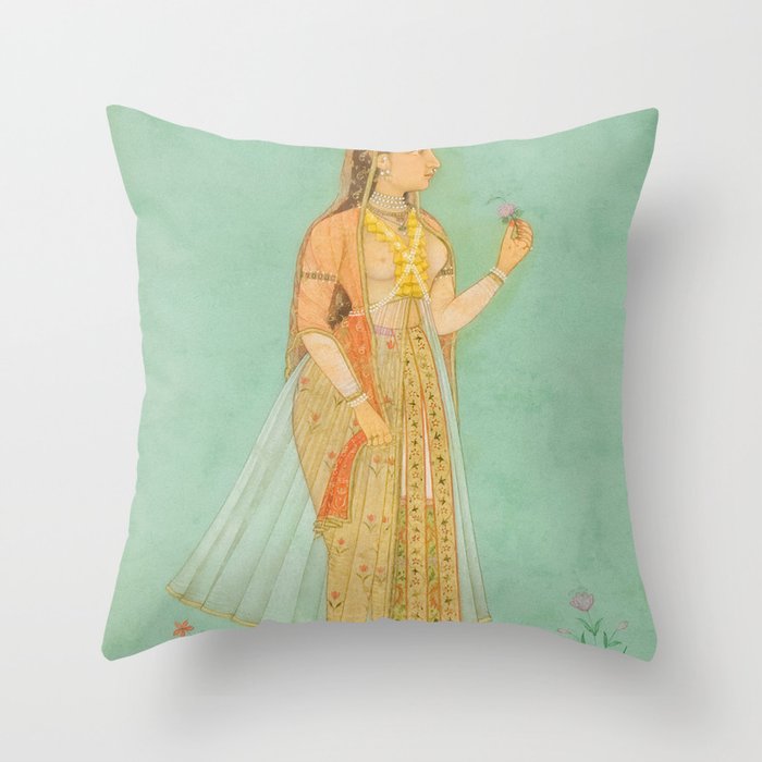 Artist Mughal Title Beauty Holding a Flower Place India Indian Miniature Painting  Throw Pillow Gallery Image 1