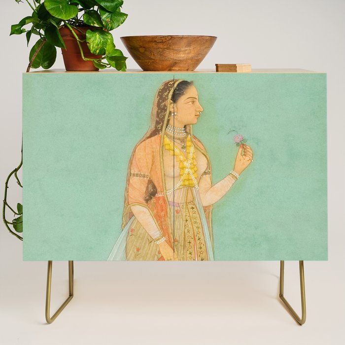 Artist Mughal Title Beauty Holding a Flower Place India Indian Miniature Painting  Credenza Gallery Image 1