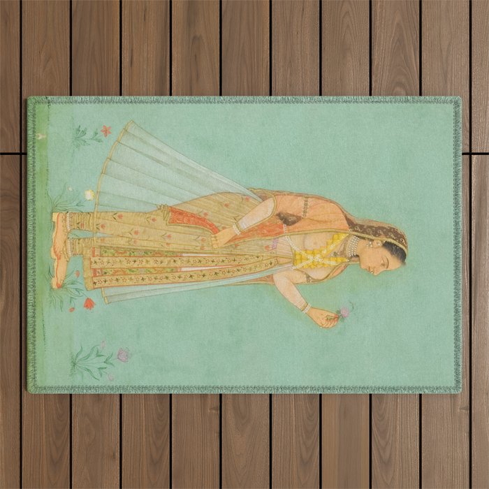 Artist Mughal Title Beauty Holding a Flower Place India Indian Miniature Painting  Outdoor Rug Gallery Image 1