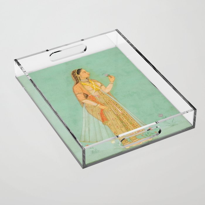 Artist Mughal Title Beauty Holding a Flower Place India Indian Miniature Painting  Acrylic Tray Gallery Image 1