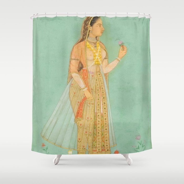 Artist Mughal Title Beauty Holding a Flower Place India Indian Miniature Painting  Shower Curtain Gallery Image 1