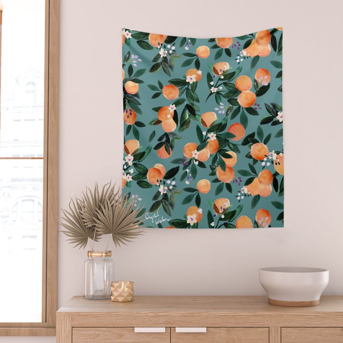 Dear Clementine - oranges teal by Crystal Walen Wall Tapestry Gallery Image 2