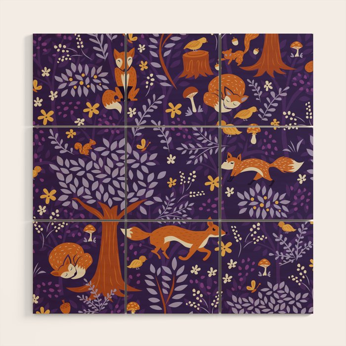 Foxes Playing in a Purple Forest Wood Wall Art Gallery Image 1