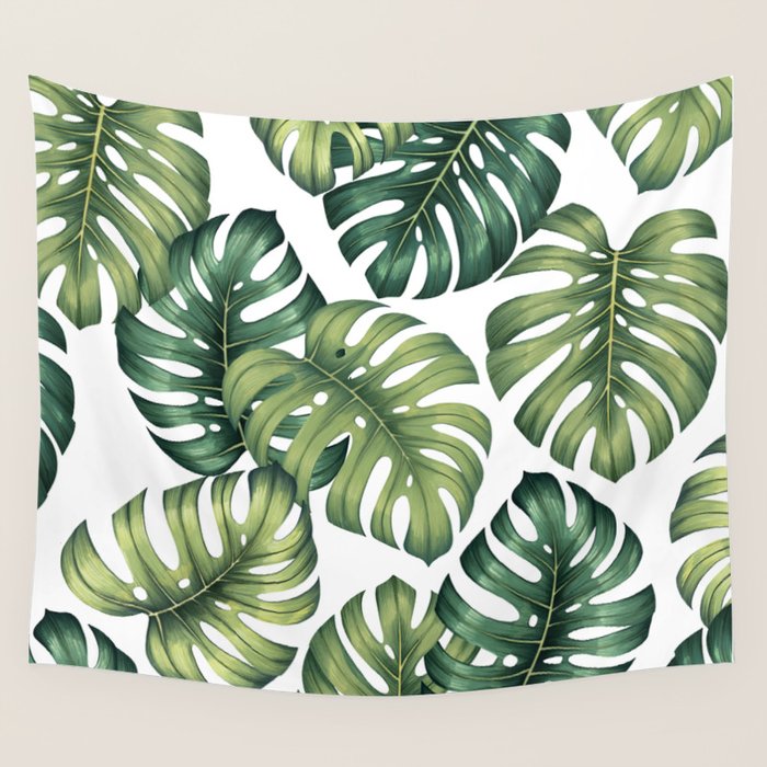 Monstera botanical leaves illustration pattern on white Wall Tapestry Gallery Image 4