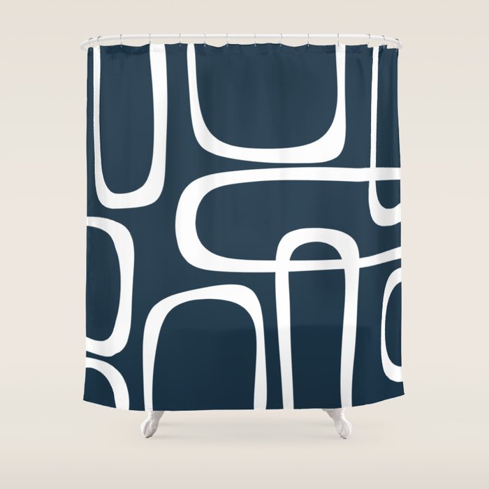 Midcentury Modern Retro Loops in White and Navy Blue Shower Curtain Gallery Image 1