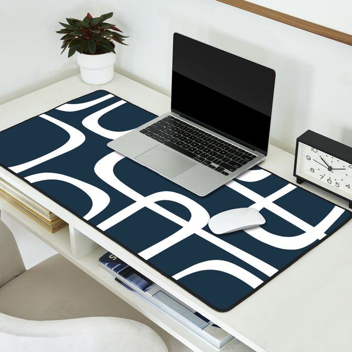 Midcentury Modern Retro Loops in White and Navy Blue Desk Mat Gallery Image 2