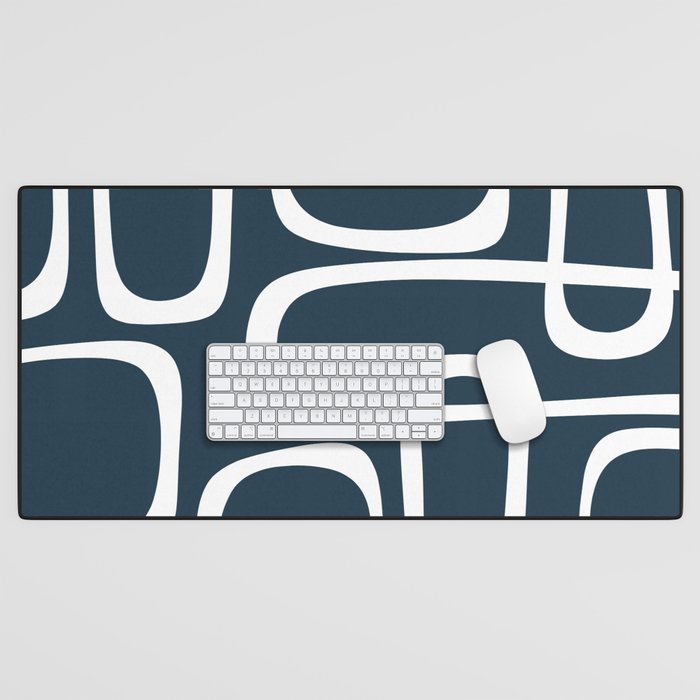 Midcentury Modern Retro Loops in White and Navy Blue Desk Mat Gallery Image 1