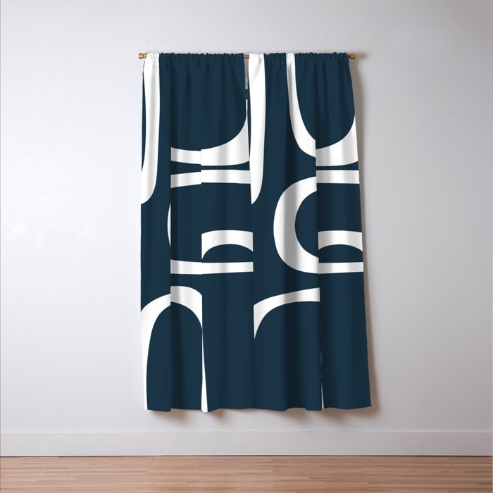 Midcentury Modern Retro Loops in White and Navy Blue Window Curtain Gallery Image 3