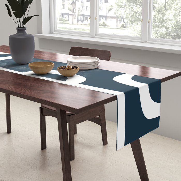Midcentury Modern Retro Loops in White and Navy Blue Table Runner Gallery Image 2