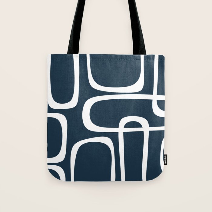 Midcentury Modern Retro Loops in White and Navy Blue Tote Bag Gallery Image 1