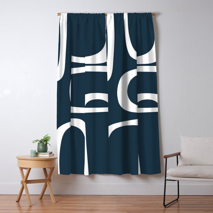 Midcentury Modern Retro Loops in White and Navy Blue Window Curtain Gallery Image 1