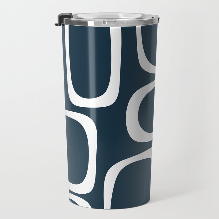 Midcentury Modern Retro Loops in White and Navy Blue Travel Mug Gallery Image 3