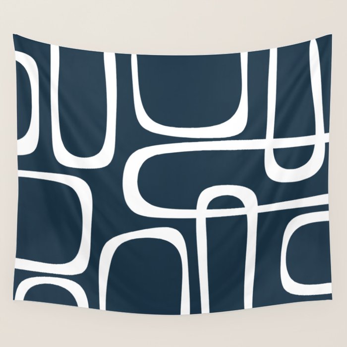 Midcentury Modern Retro Loops in White and Navy Blue Wall Tapestry Gallery Image 4