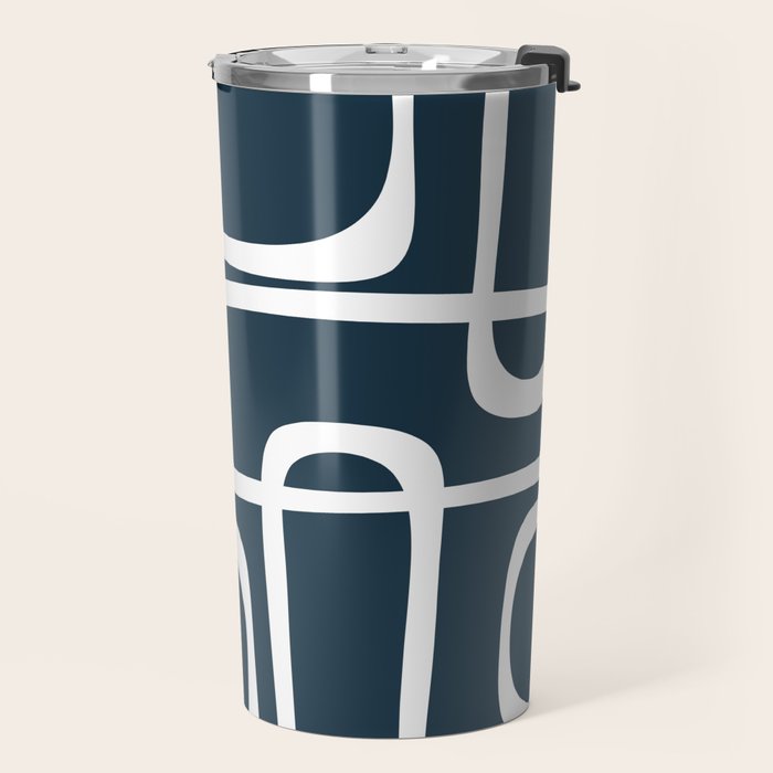 Midcentury Modern Retro Loops in White and Navy Blue Travel Mug Gallery Image 2