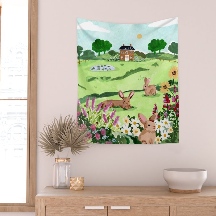 Bunnies in a Field Wall Tapestry Gallery Image 2