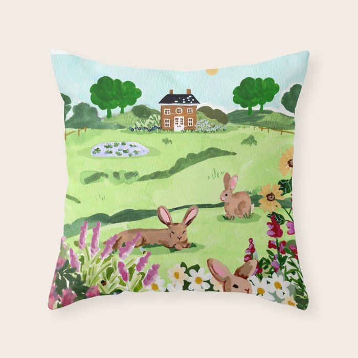 Bunnies in a Field Throw Pillow Gallery Image 1