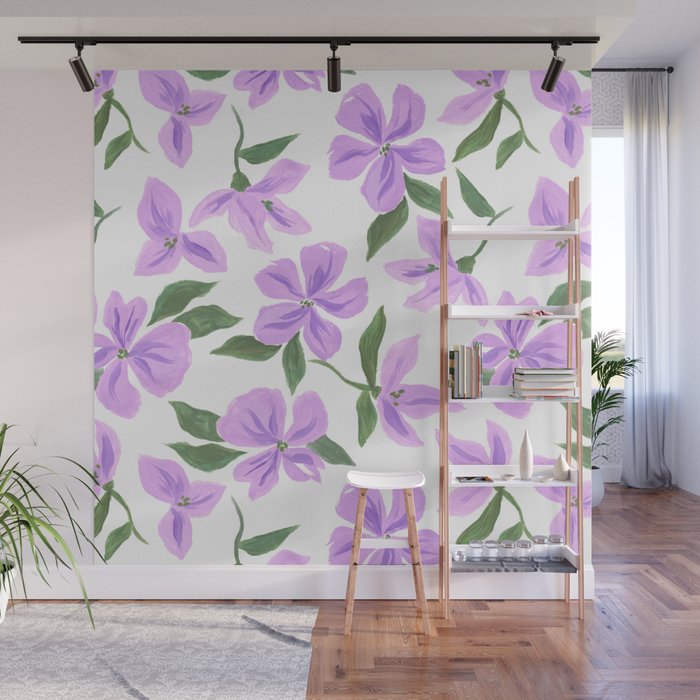 Lilac gouache flowers Wall Mural Gallery Image 1