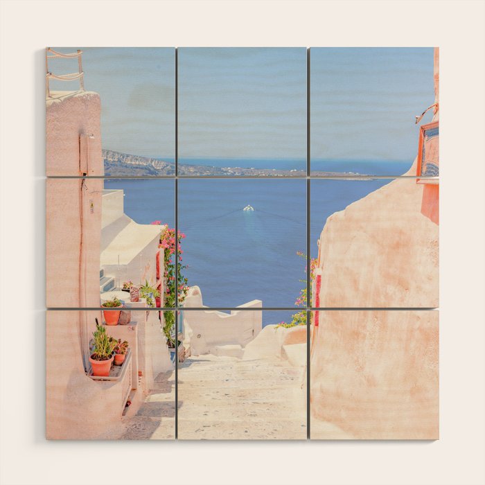 Santorini Greece Mamma Mia Pink Street Wood Wall Art Gallery Image 1