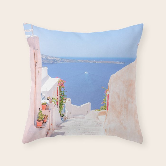 Santorini Greece Mamma Mia Pink Street Throw Pillow Gallery Image 1
