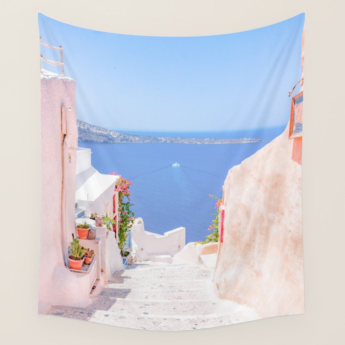 Santorini Greece Mamma Mia Pink Street Wall Tapestry Gallery Image 4