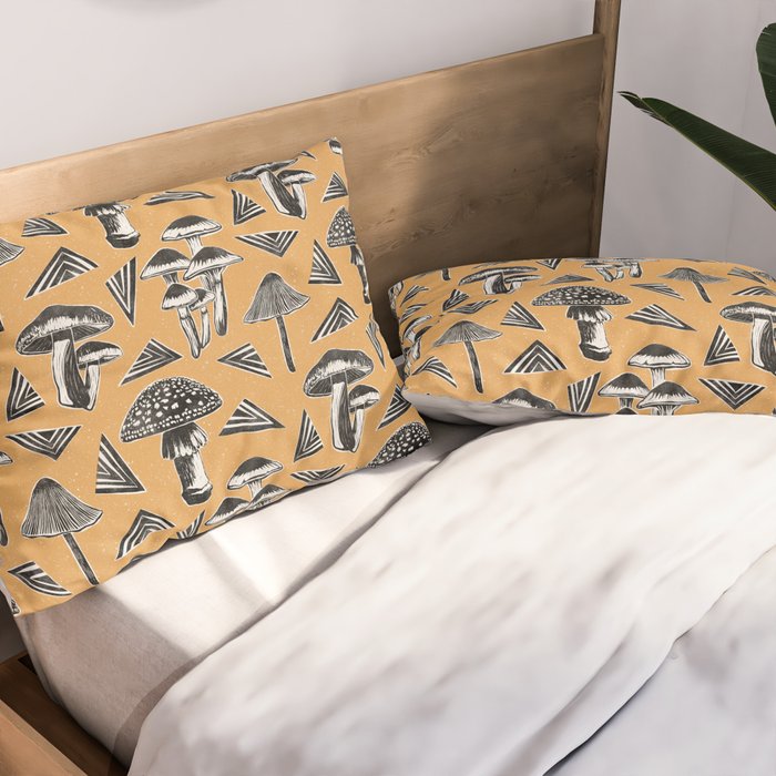 Block-print Mushrooms - ochre Pillow Sham Gallery Image 2