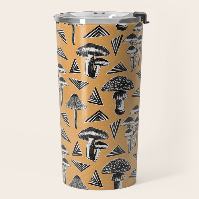 Block-print Mushrooms - ochre Travel Mug Gallery Image 2