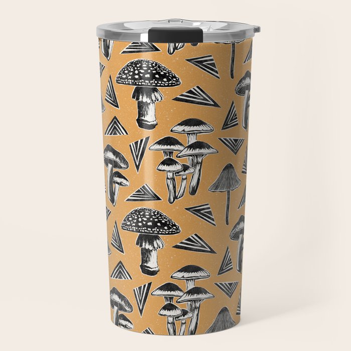 Block-print Mushrooms - ochre Travel Mug Gallery Image 1