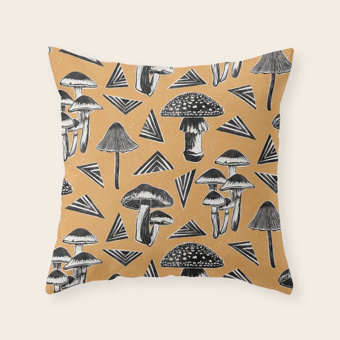 Block-print Mushrooms - ochre Throw Pillow Gallery Image 1