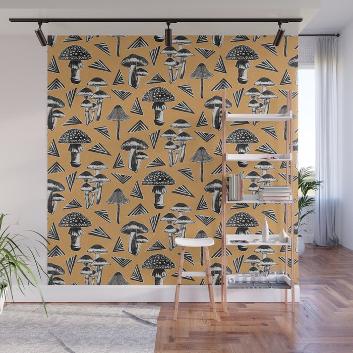 Block-print Mushrooms - ochre Wall Mural Gallery Image 1