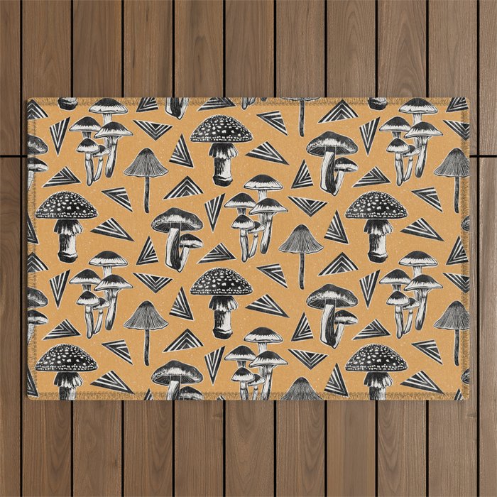 Block-print Mushrooms - ochre Outdoor Rug Gallery Image 1