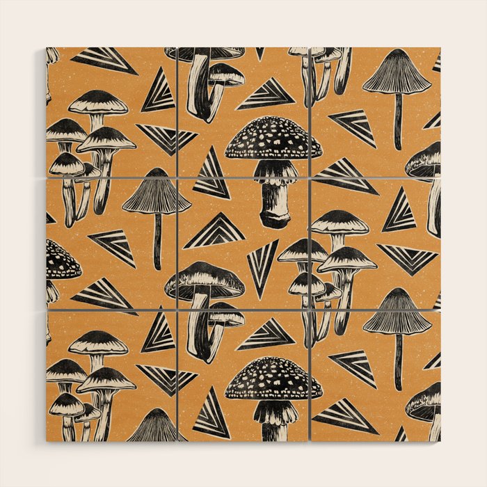 Block-print Mushrooms - ochre Wood Wall Art Gallery Image 1