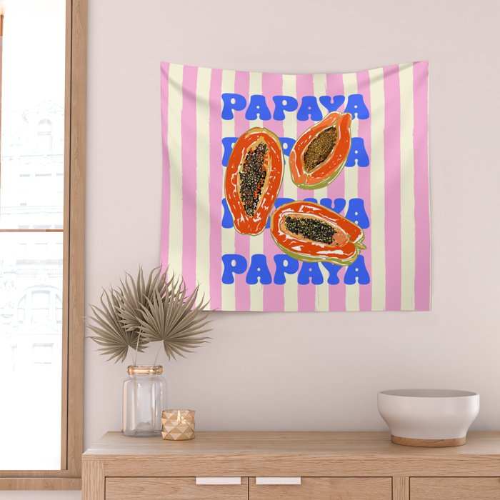 Papaya Stripes Tropical Summer Illustration Wall Tapestry Gallery Image 2