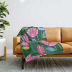 Folky Flowers in Bloom in Green & Pink Throw Blanket Gallery Image 1