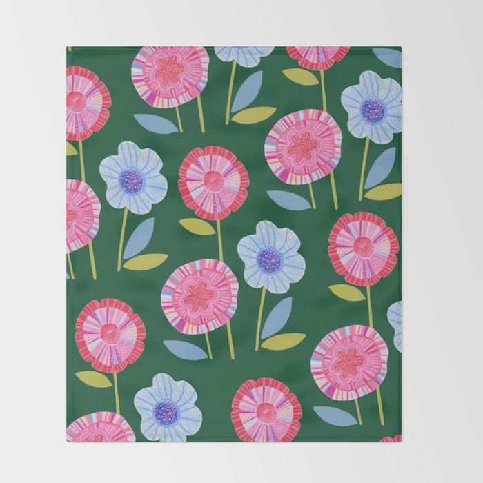 Folky Flowers in Bloom in Green & Pink Throw Blanket Gallery Image 2