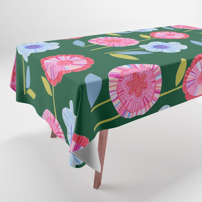 Folky Flowers in Bloom in Green & Pink Tablecloth Gallery Image 1