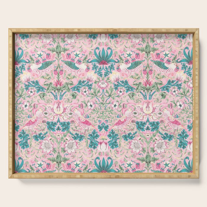 William Morris Strawberry Thief Candy Pink Teal Serving Tray Gallery Image 1