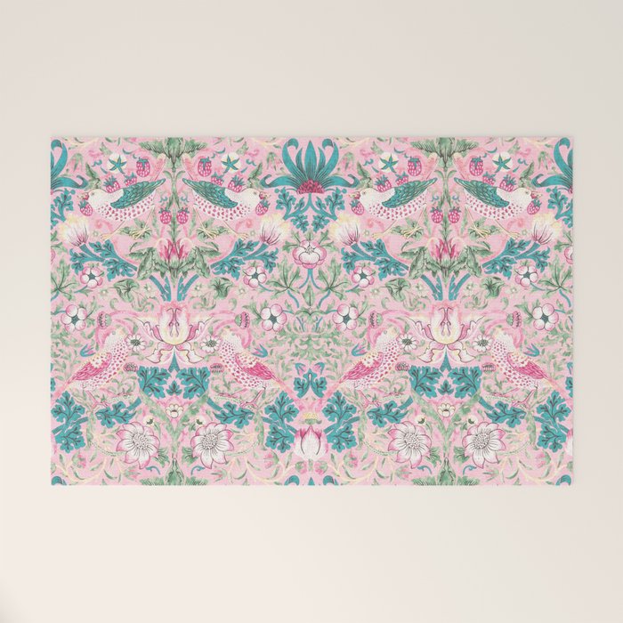 William Morris Strawberry Thief Candy Pink Teal Welcome Mat Gallery Image 1