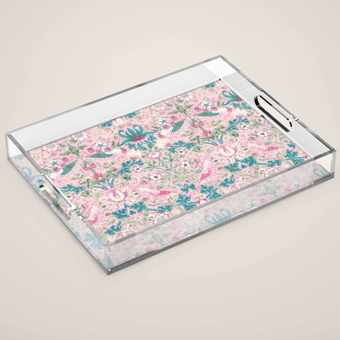 William Morris Strawberry Thief Candy Pink Teal Acrylic Tray Gallery Image 1