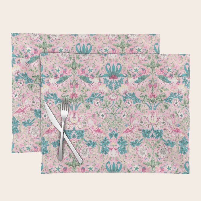 William Morris Strawberry Thief Candy Pink Teal Placemat Gallery Image 1