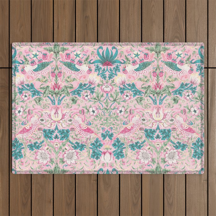 William Morris Strawberry Thief Candy Pink Teal Outdoor Rug Gallery Image 1