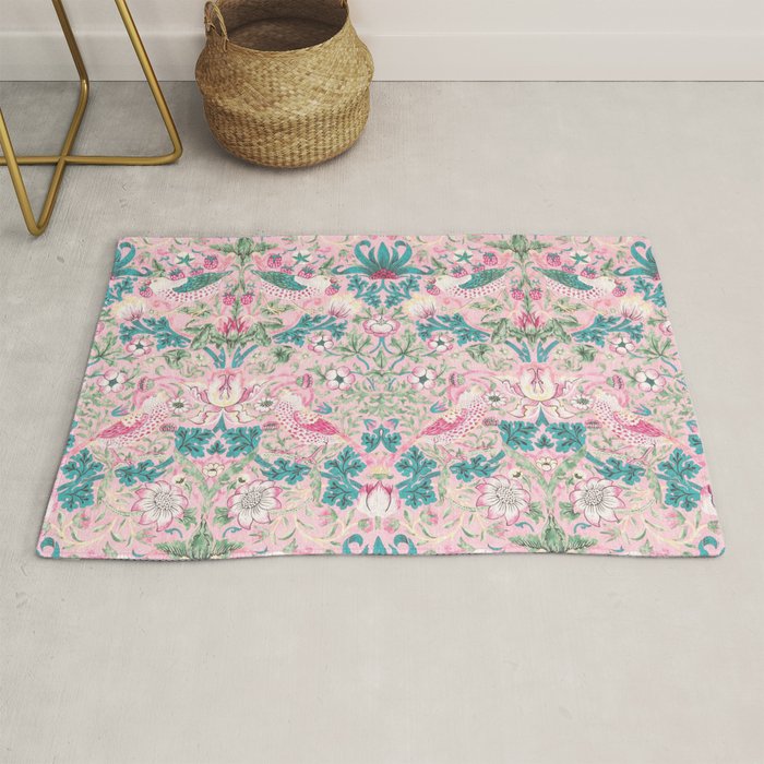 William Morris Strawberry Thief Candy Pink Teal Rug Gallery Image 1