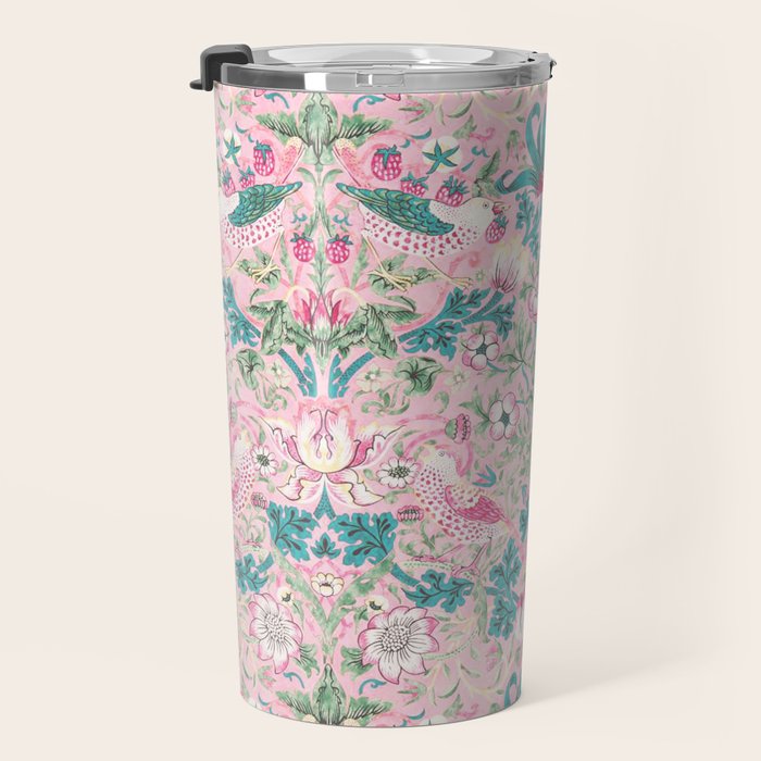 William Morris Strawberry Thief Candy Pink Teal Travel Mug Gallery Image 3
