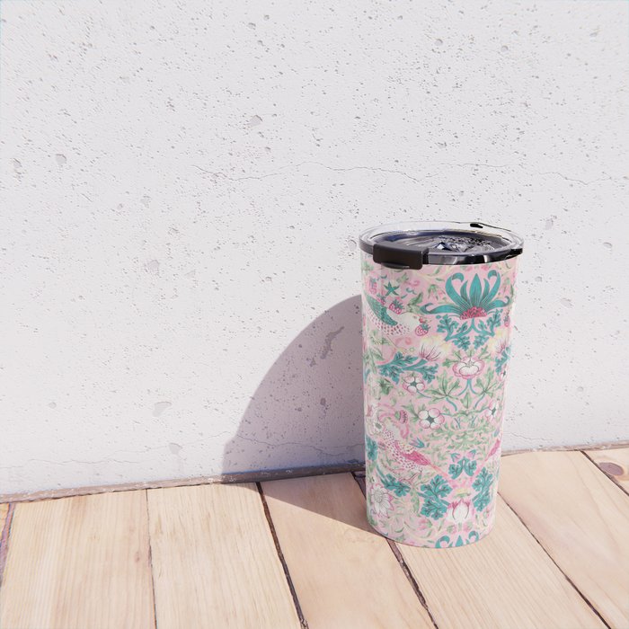 William Morris Strawberry Thief Candy Pink Teal Travel Mug Gallery Image 4