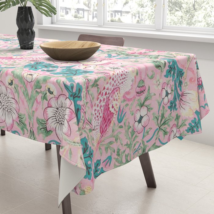 William Morris Strawberry Thief Candy Pink Teal Tablecloth Gallery Image 3