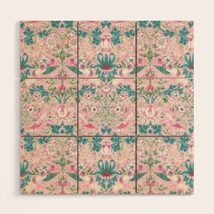 William Morris Strawberry Thief Candy Pink Teal Wood Wall Art Gallery Image 1