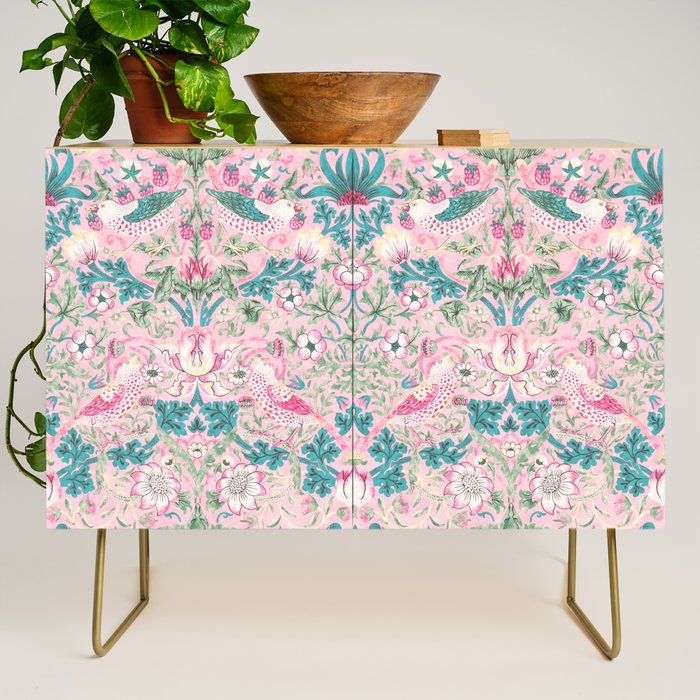 William Morris Strawberry Thief Candy Pink Teal Credenza Gallery Image 1