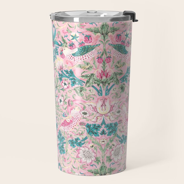 William Morris Strawberry Thief Candy Pink Teal Travel Mug Gallery Image 2