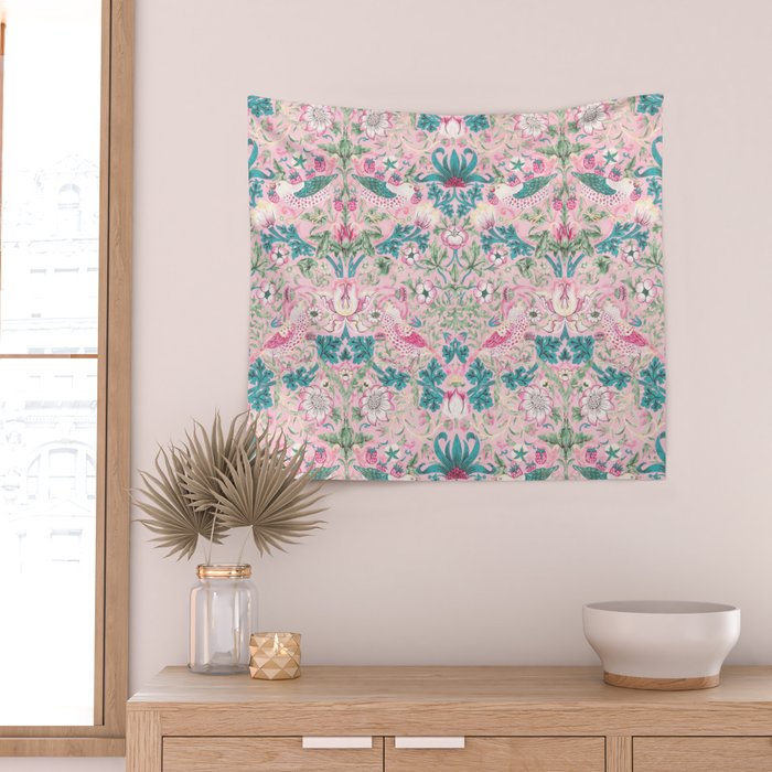 William Morris Strawberry Thief Candy Pink Teal Wall Tapestry Gallery Image 2